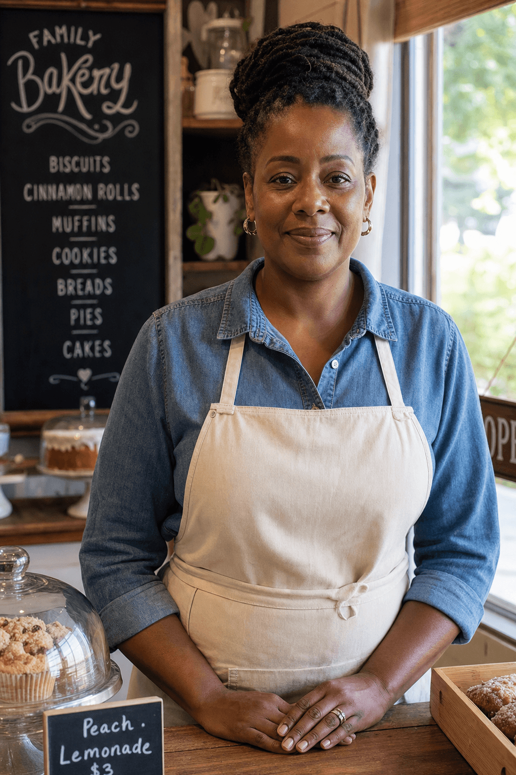 Bakery owner wearing a cream apron behind her counter.