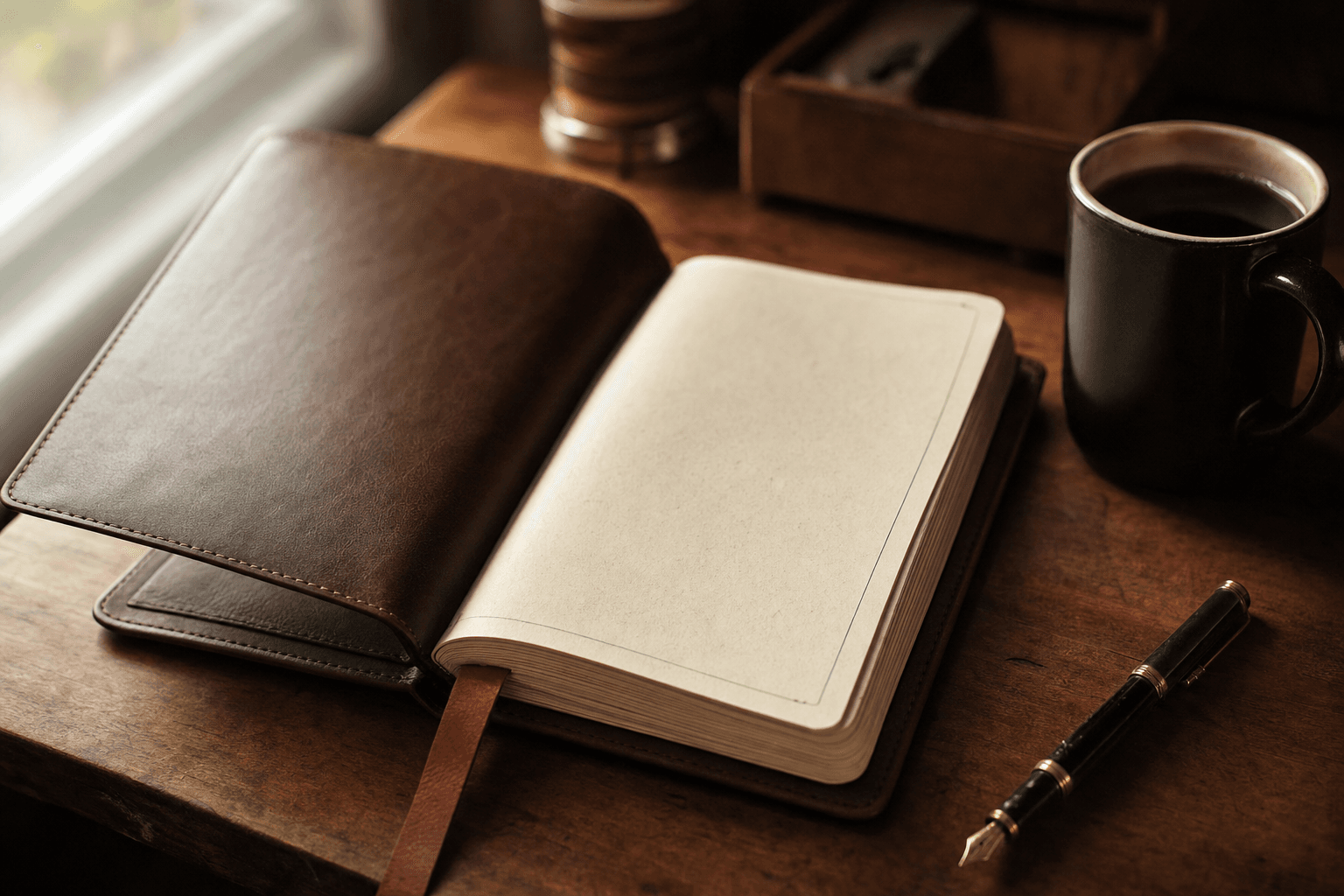 A leather business ledger, fountain pen and coffee on a worn desk.